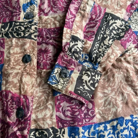 Robert Stock 100% Silk Shirt Mens Size S Patchwork Floral Button Up Long Sleeve - Picture 4 of 10